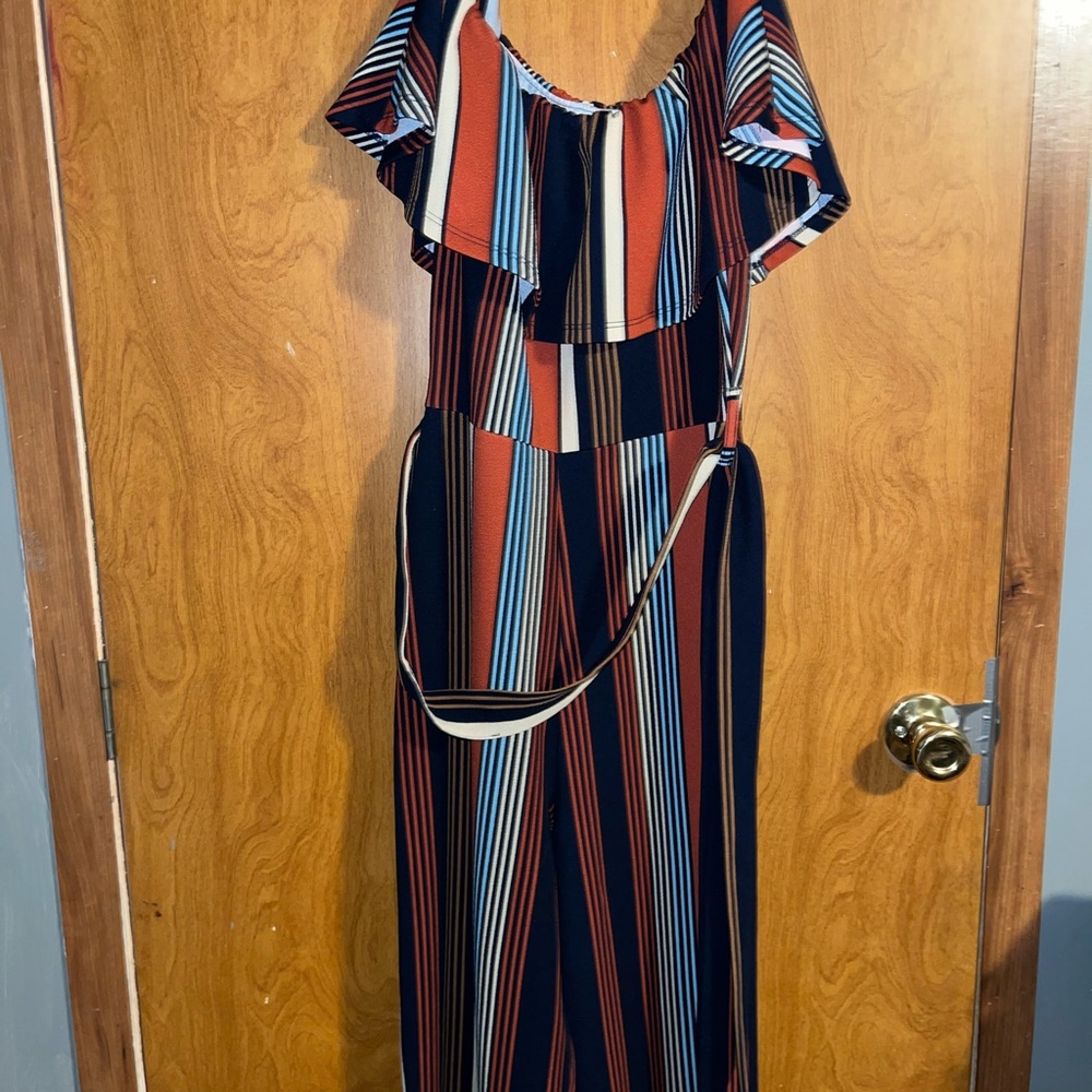 Almost Famous Striped Off-Shoulder Jumpsuit